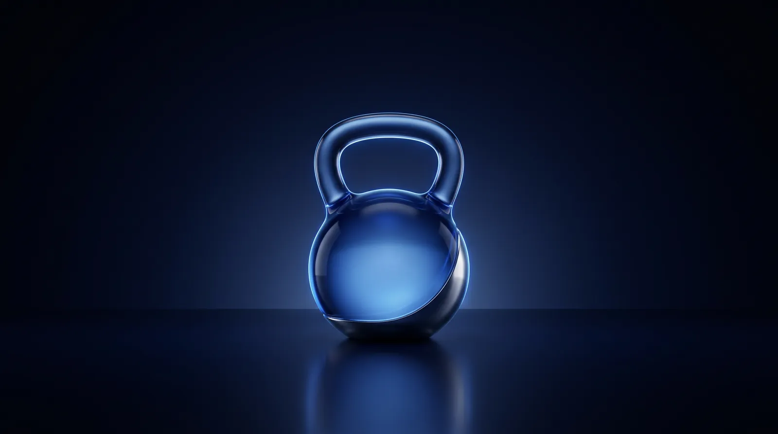 Una pesa rusa de cristal azul iluminada desde dentro sobre un suelo oscuro: la marca de un gimnasio