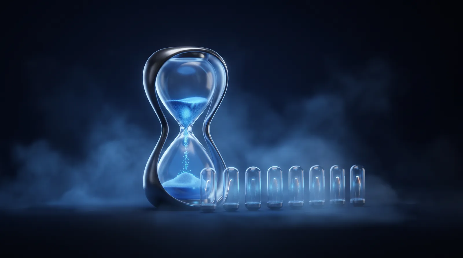 Un reloj de arena de cristal azul junto a una fila de cápsulas: un proyecto medido en días