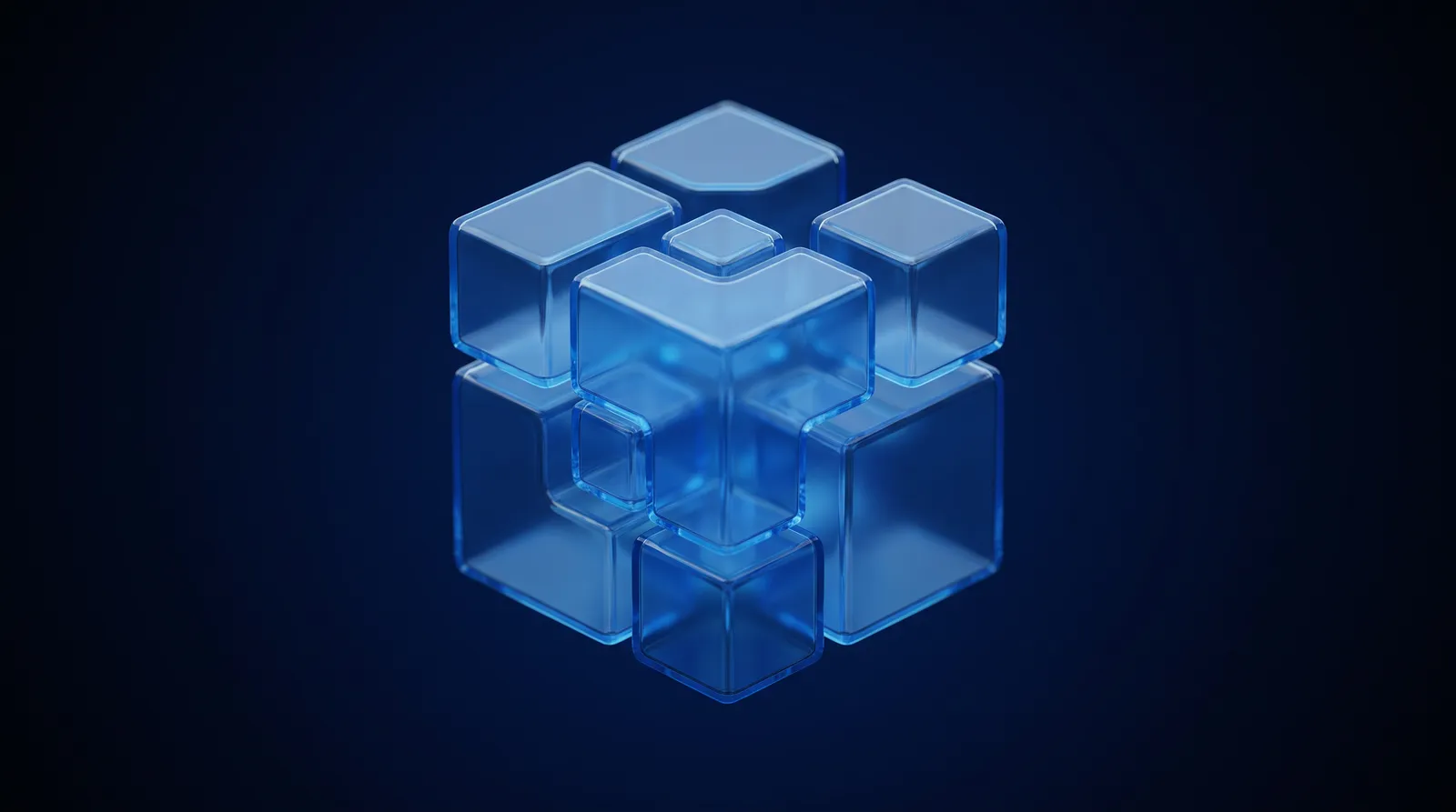 Ocho piezas de cristal azul encajando en una sola estructura: un sistema de marca