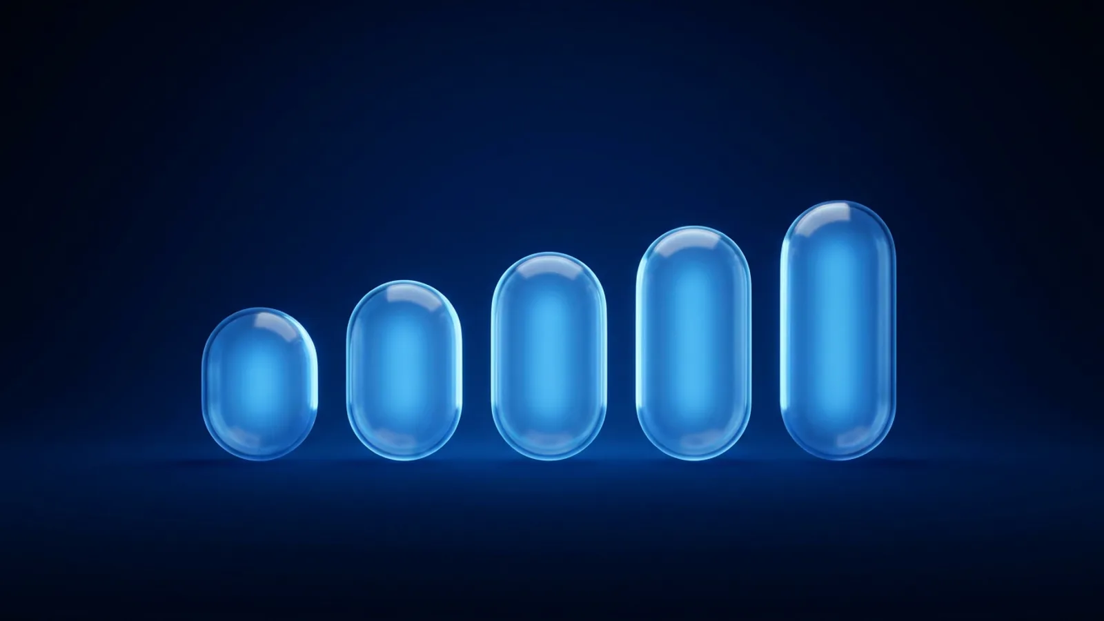 Cinco cápsulas de cristal azul en fila, cada una algo más alta que la anterior: los cinco entregables de un proyecto de marca