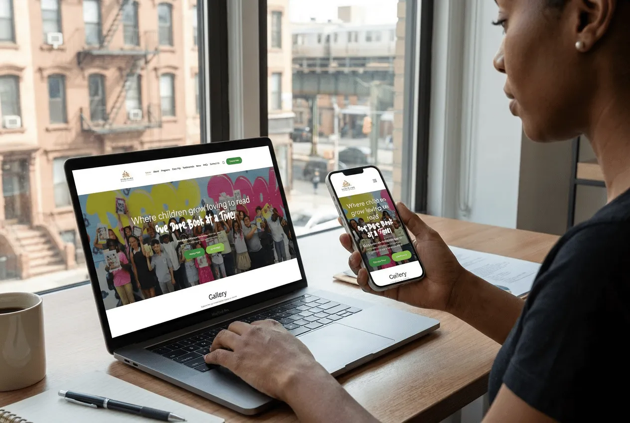 La web de Storyland en un ordenador y un móvil