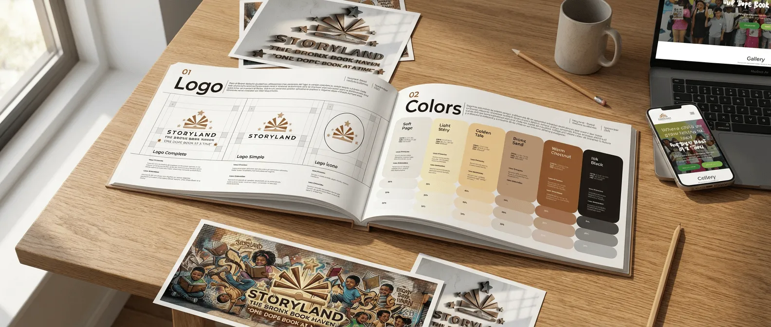 Una página del manual de marca de Storyland