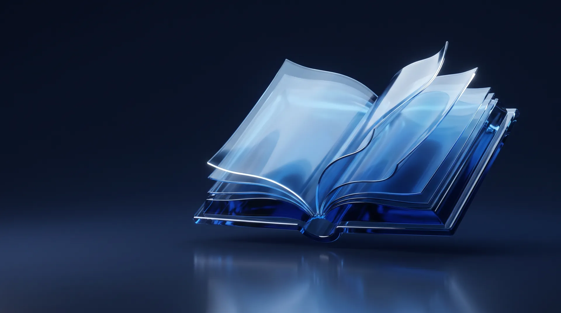 Un libro abierto de cristal azul con las páginas al vuelo